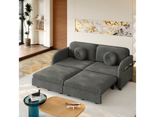 Canapé-lit 2 places 166x84x90 cm 3-en-1, poche latérale, canape droit en métal, bois, mousse et tissu chenille gris