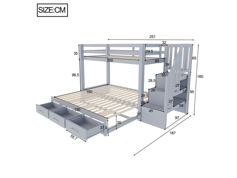 Lit superposé 90x200 cm, escalier avec 3 tiroirs, lit gigogne 90180x190 cm inclus, sommier à lattes, bois et mdf gris - Conforama C