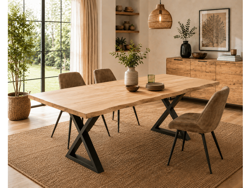 Table à manger avec bord irrégulier coloris chêne massif et pieds en métal noir - longueur 160 x profondeur 90 x hauteur 76 cm - Conforama B