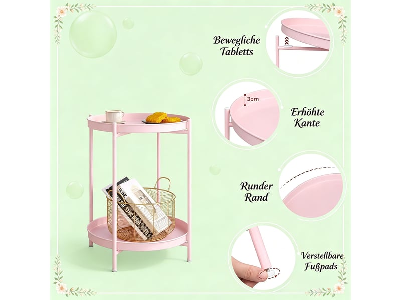  Table basse ronde avec 2 plateaux de rangement amovibles et pieds réglables en métal pour salon, 44×44×53 cm, rose  - Conforama E