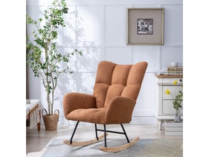 Fauteuil à bascule en tissu teddy avec poche, base en bois massif, marron