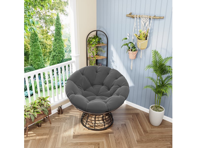  Fauteuil papasan gris pivotant 360° 92x67 cm, structure acier et rotin pe, coussin confortable pour salon, chambre et espace lecture  - Conforama B