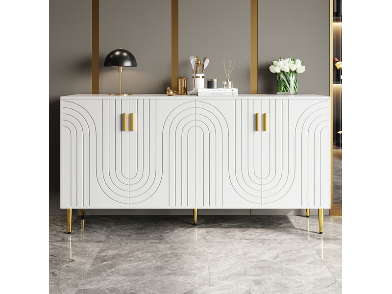  Buffet bas blanc 152 x 40 x 75 cm en mdf, 4 portes, motif ondulé et détails dorés  - Conforama D