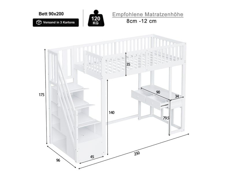 Lit mezzanine 90x200 cm, espace de rangement, avec bureau et escalier de rangement, bois, couleur blanc, sans matelas  - Conforama C
