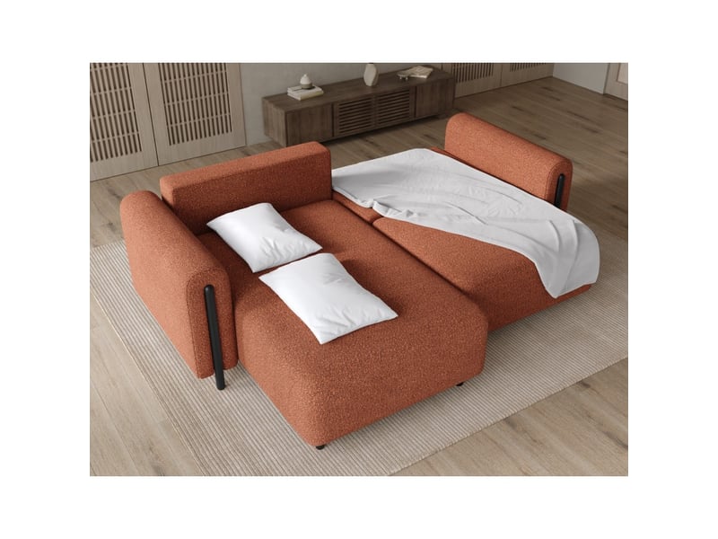  Canapé d'angle convertible arvessa terracotta bouclette – angle gauche avec coffre  - Conforama D