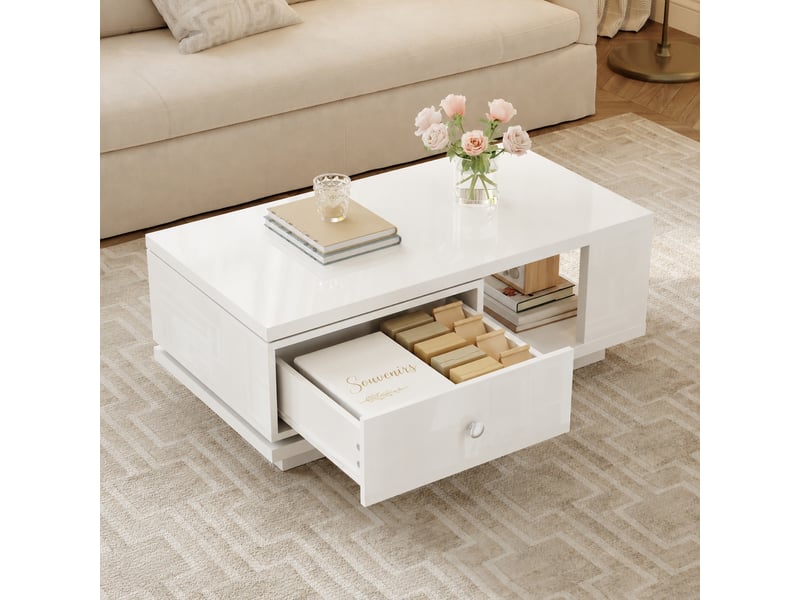  Table basse blanche brillante avec tiroir pivotant, 90 x 48 x 35 cm  - Conforama B