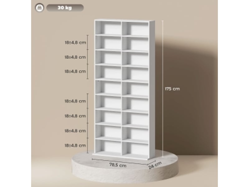  Bibliothèque pour cd dvd blu-ray blanc 78,5 x 24 x 175 cm jusqu'à 640 cd  - Conforama C