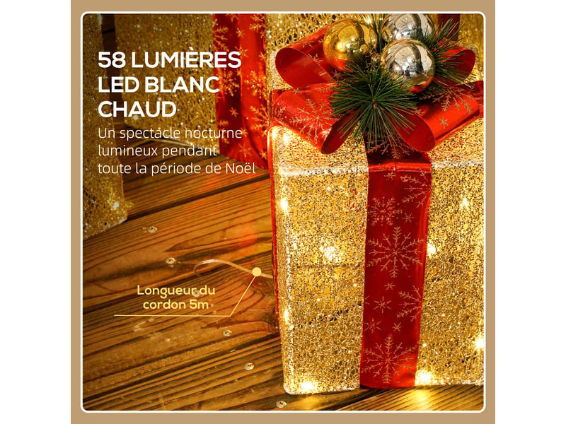  Boîtes cadeaux noël lumineuse décorations de noël avec nœud 58 lumières lot de 3 boîtes à cadeaux à led or  - Conforama E