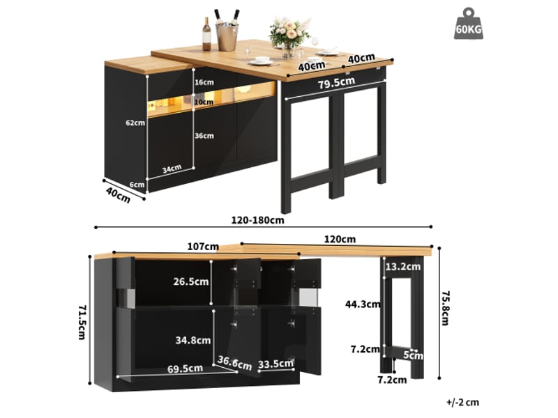 Table de bar extensible avec éclairage led et rotation à 360°,îlot de cuisine avec espace de rangement, 120-180x40x71,5cm, mdf, noir - Conforama C