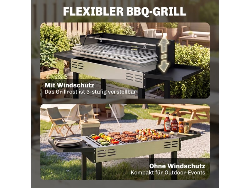  Barbecue au charbon avec tournebroche, grille réglable, 118 x 32 x 90 cm  - Conforama W