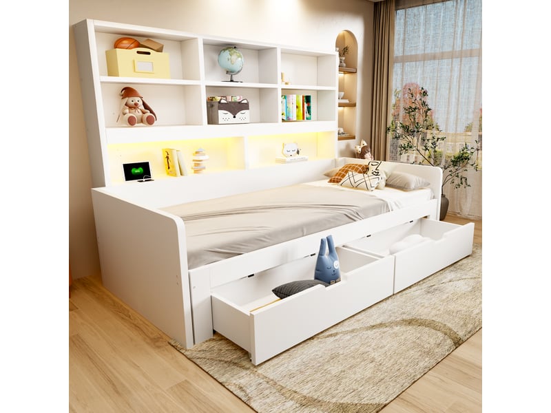  Lit gigogne extensible 90/180x200 cm, tiroirs de rangement, étagères intégrées, led et prises, blanc, sans matelas  - Conforama R
