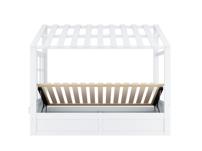 Lit coffre enfant 90x200 cm - lit avec rangement hydraulique et rangements latéraux - structure maison en bois - blanc - Conforama R