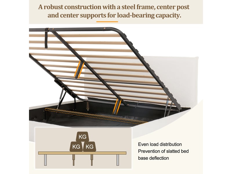  Lit 2 places 160x200 cm avec sommier inclus, lit coffre avec hydraulique, bouclé blanc  - Conforama E