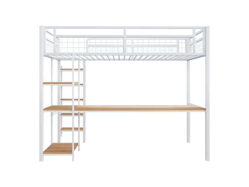 Lit mezzanine métal blanc 90x200 cm avec bureau intégré, étagères, échelle sécurisée et garde-corps - Conforama D