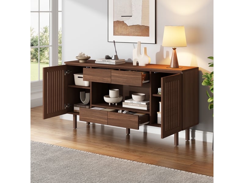 Buffet et enfilade avec 4 tiroirs et 2 portes à lamelles, 5 pieds en bois massif, mdf noyer, 140×35×71 cm - Conforama C