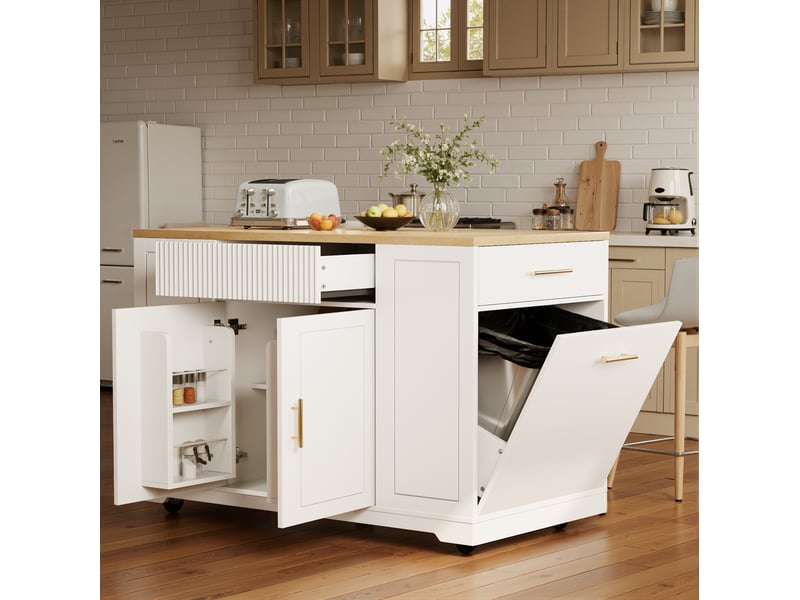  Îlot de cuisine mobile 120x50x92 cm, 2 portes, 3 tiroirs et rangement poubelle  - Conforama E
