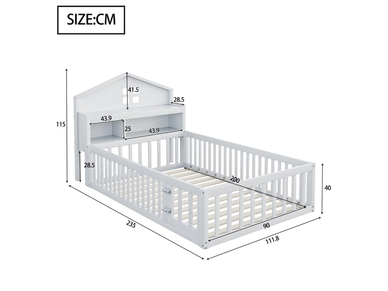  Lit enfant 90 x 200 cm en bois avec rangements, tableau, barrière et porte, blanc  - Conforama C
