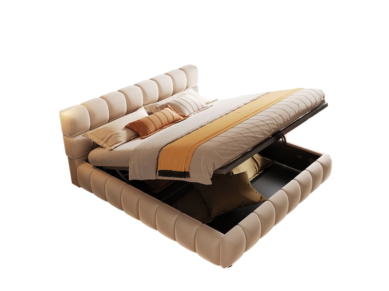  Lit coffre 140 × 200 cm 2 places avec rangement hydraulique et tête rembourrée, sans matelas, velours beige  - Conforama A