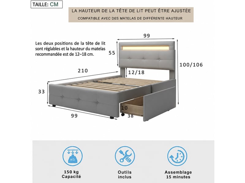  Lit avec tiroirs, lit simple 90×200 cm en tissu gris avec 2 tiroirs, led et tête réglable, sans matelas  - Conforama D