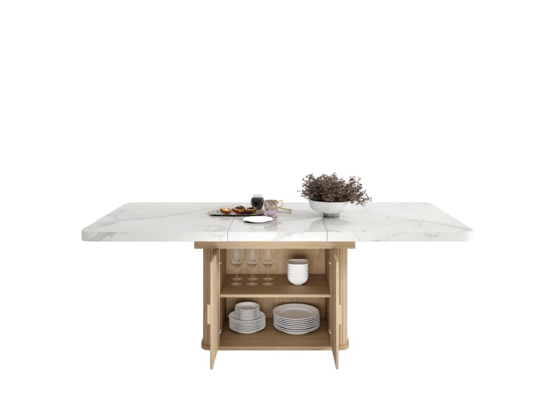 Table de salle à manger extensible pour 6 à 8 personnes avec rangement en mdf blanc effet marbre et coloris chêne - Conforama A