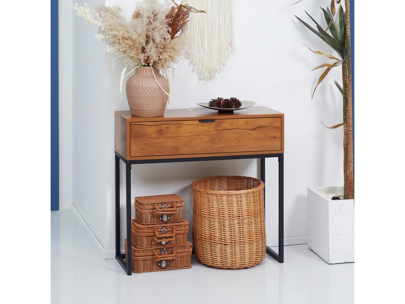  Console d'entrée minimaliste avec tiroir, en bois et acier, 80 x 30 x 76 cm, coloris bois et noir  - Conforama D