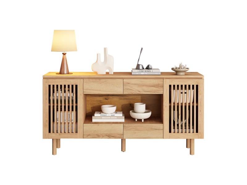  Buffet bas 140 x 35 x 71 cm en mdf avec 4 tiroirs et 2 portes à lamelles, teinte bois  - Conforama A