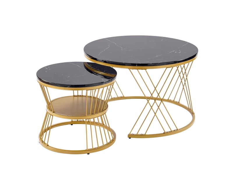  Tables basses gigognes rondes, lot de 2, mdf effet marbre noir et métal doré, diamètres 70 et 45 cm  - Conforama A
