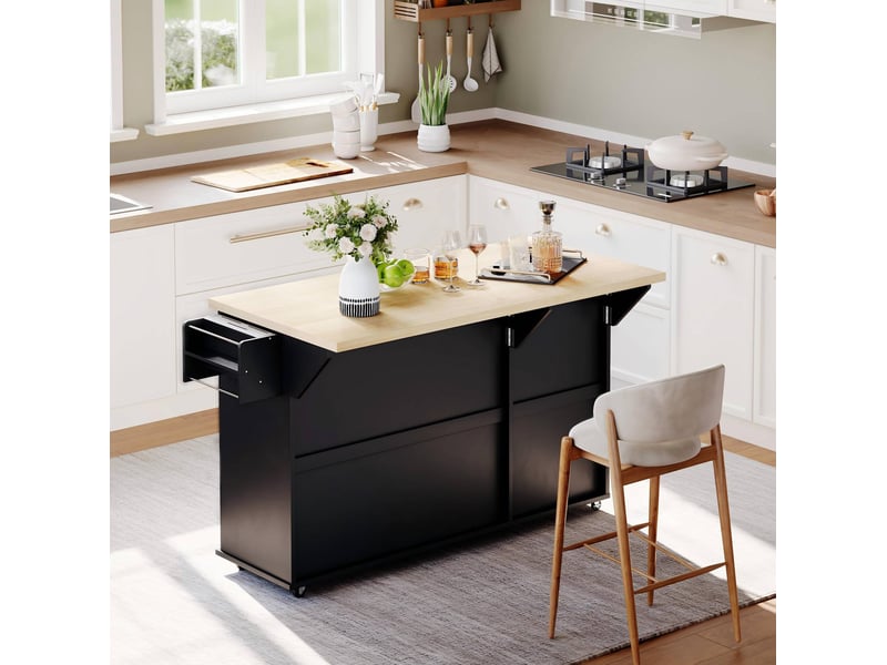  Îlot de cuisine 137x70x89,5 cm en mdf naturel et noir avec plateau rabattable  - Conforama E