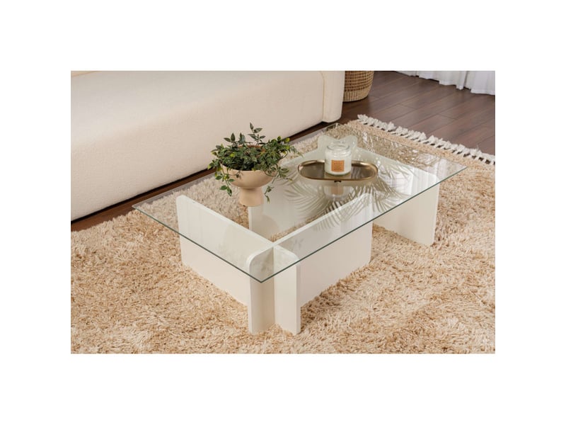  Table basse de salon en verre trempé et bois mdf mélaminé bois blanc 105 x 65 x 30 cm  - Conforama B