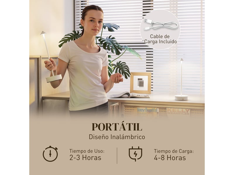  Lot de 2 lampes de table led rechargeables avec port usb, commande tactile et intensité lumineuse réglable, ø10 x 30 cm, blanches  - Conforama E