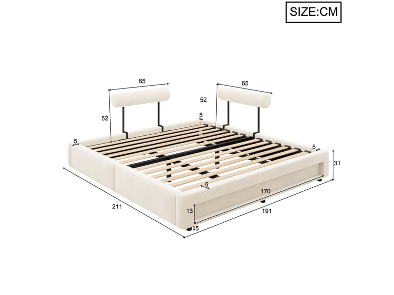 Lit double capitonné 180x200 cm, dossiers réglables et led, velours beige - Conforama E