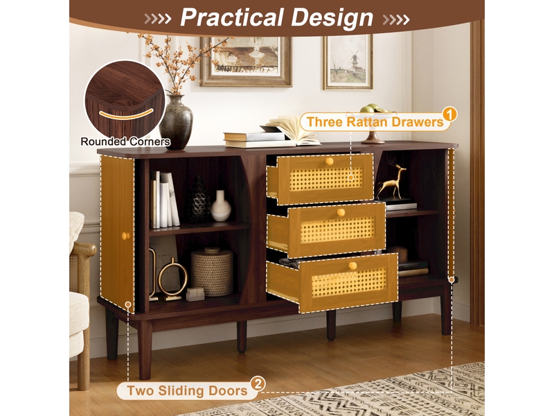Buffet 3 tiroirs en rotin et portes coulissantes avec étagères réglables 141×40×77 cm noyer - Conforama C