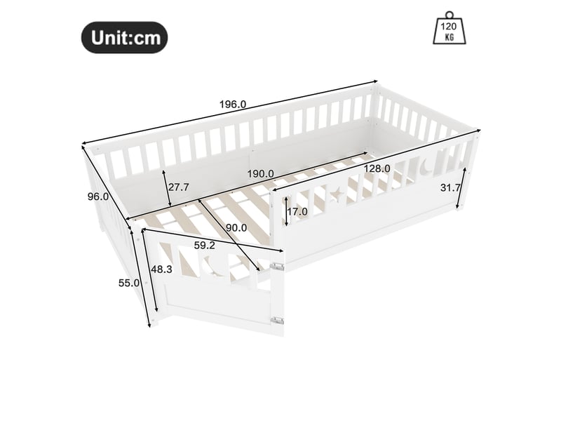  Lit enfant 90 x 190 cm barrière 48 cm avec serrure anti-chute décor étoiles lune montage facile pin blanc sans matelas  - Conforama C