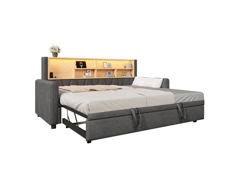  Canapé-lit 90 × 200 cm + 180 × 200 cm – avec bande led – avec prise électrique – revêtement en tissu lin – gris (matelas non inclus)  - Conforama A