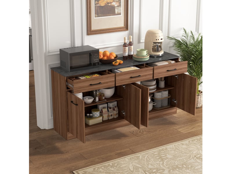 Buffet 160x37x76,5 cm, rangements avec trois tiroirs, finition noyer et béton, mdf, style contemporain, coloris brun - Conforama E