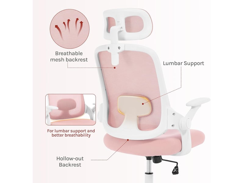 Chaise bureau ergonomique, en maille, appui-tête et accoudoirs réglables, hauteur réglable, rose  - Conforama F