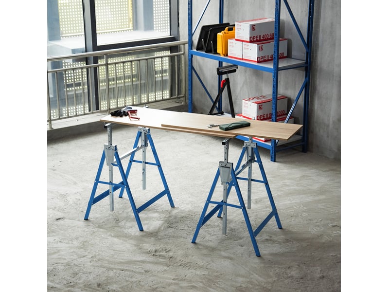  Paire de tréteaux de chantier réglables 68 x 58 x 80-130 cm bleu acier, charge 200 kg, pliables  - Conforama B
