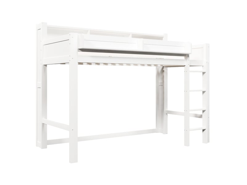  Lit mezzanine 90x200 cm avec bureau, lit surélevé gain de place avec led et port usb, pin massif et mdf avec 3 placards de rangement, blanc  - Conforama D