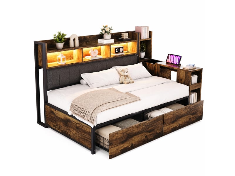  Lit multifonction 90 x 200 cm avec bureau coulissant, rangements, prises et led  - Conforama A