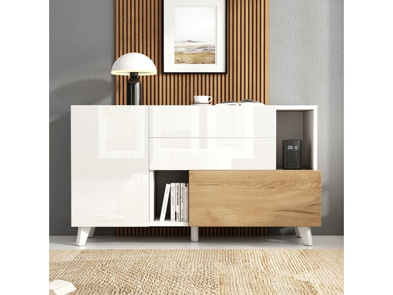  Buffet scandinave blanc brillant et bois, meuble de rangement 2 portes 2 tiroirs avec niches, 130 x 40 x 70 cm  - Conforama C