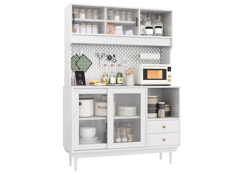  Buffet de cuisine avec 4 portes coulissantes en verre rainuré, 2 tiroirs et panneau perforé, blanc, 117 × 30 × 170 cm  - Conforama A