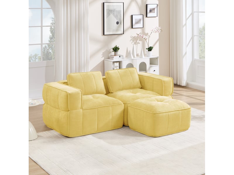  Canapé d'angle modulable 2 places avec ottoman, en polyester jaune  - Conforama B