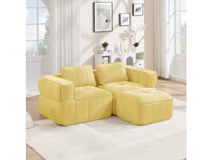 Canapé d'angle modulable 2 places avec ottoman, en polyester jaune