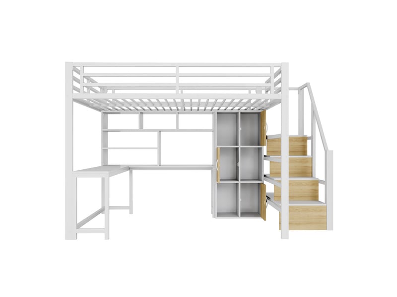  Lit superposé 140x200cm, escalier avec rangements, compartiment de rangement, bande lumineuse led, blanc  - Conforama A
