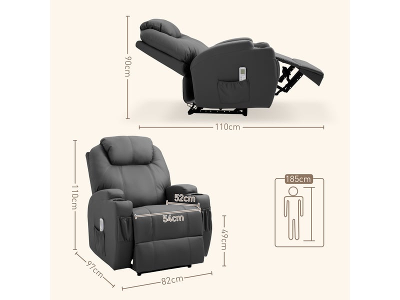  Fauteuil relax électrique massant en similicuir gris foncé, 8 points, inclinable à 165 degrés, pour salon et lecture  - Conforama C