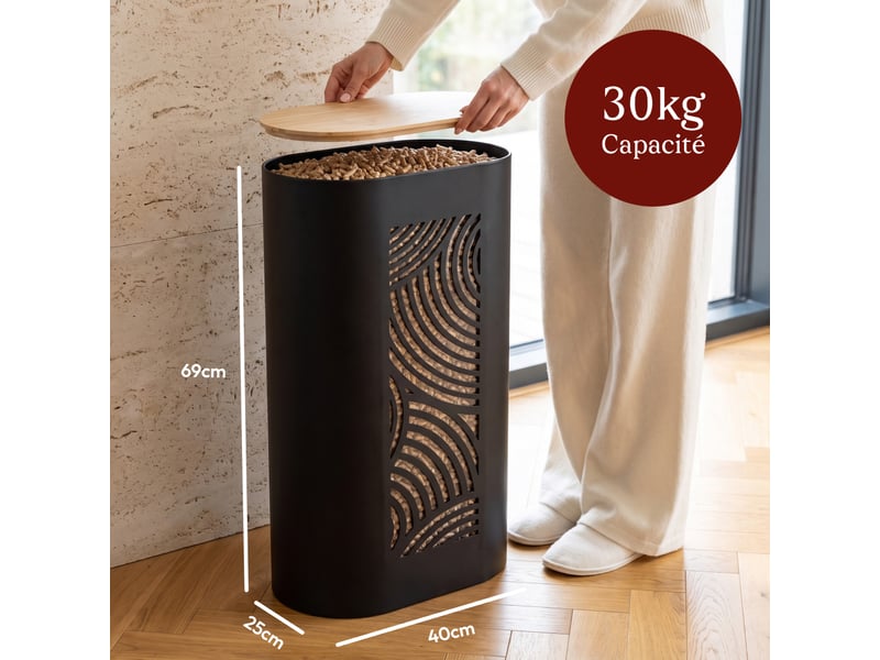 Casabel réservoir pellets & granulés, niveau visible, cap. 30kg, métal noir, couvercle bambou, pour poêle à pellets - Conforama B