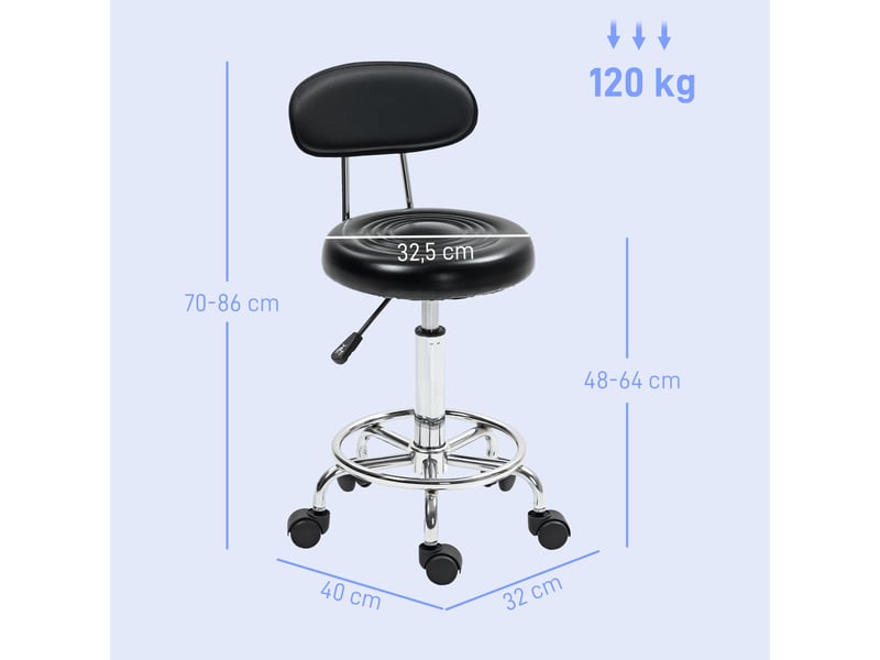  Tabouret à roulettes pivotant et réglable avec dossier en similicuir et repose-pieds pour coiffeuse en noir  - Conforama C