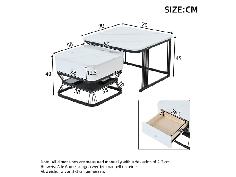  Set de 2 tables basses gigognes carrées – imitation marbre brillante – blanc et noir – 70 x 70 x 45 cm 50 x 50 x 40 cm  - Conforama D