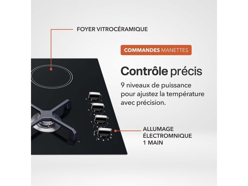Plaque de cuisson mixte 3 gaz et 1 vitrocéramique double couronne 7400 w manettes  - Conforama E