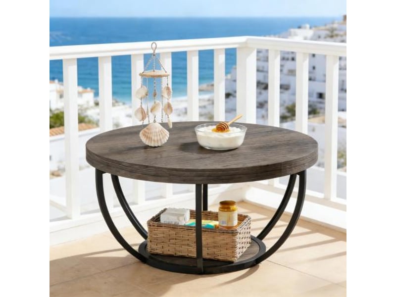  Table basse ronde à 2 niveaux avec structure métallique à 6 arches pour salon en bois gris  - Conforama B